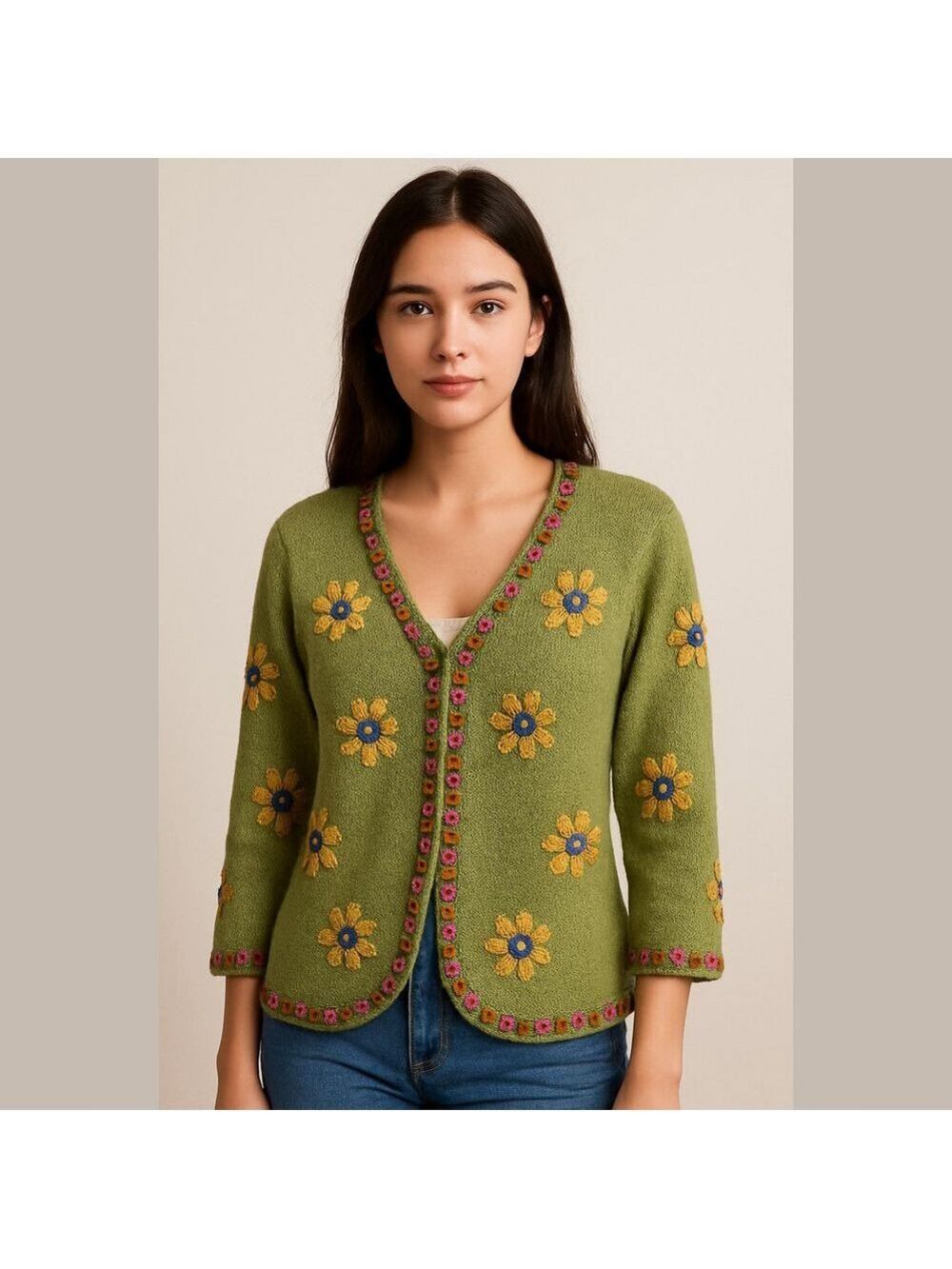 Vintage embroidered floral cardigan cottagecore granny grandma maximalist